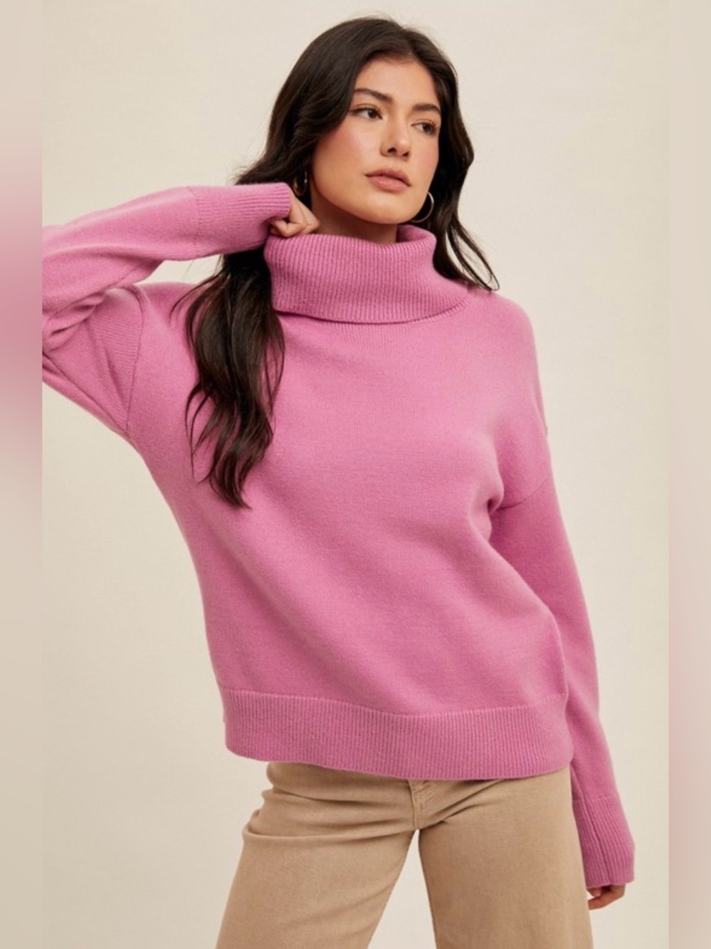 Pink Turtleneck Relaxed Cashmere-Feel Sweater